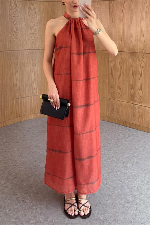 Halter Yaka Desenli Turuncu Elbise