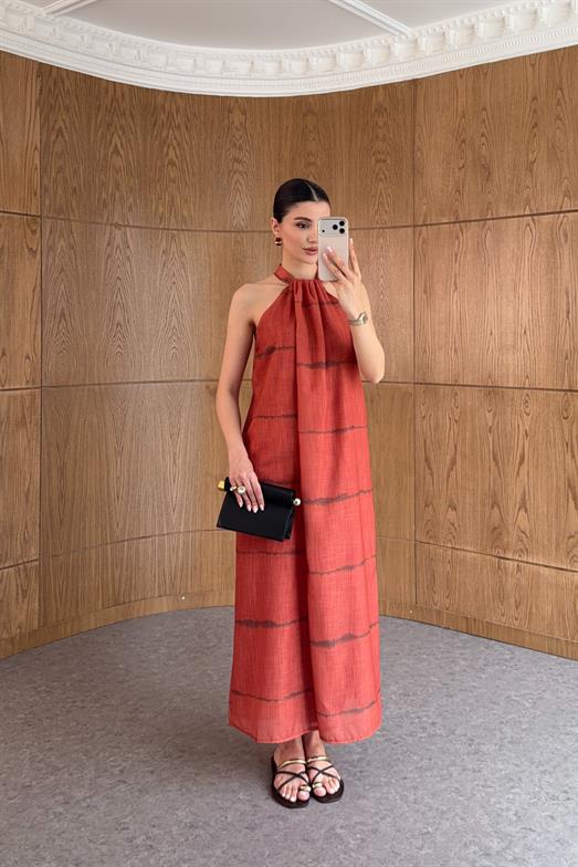 Halter Yaka Desenli Turuncu Elbise