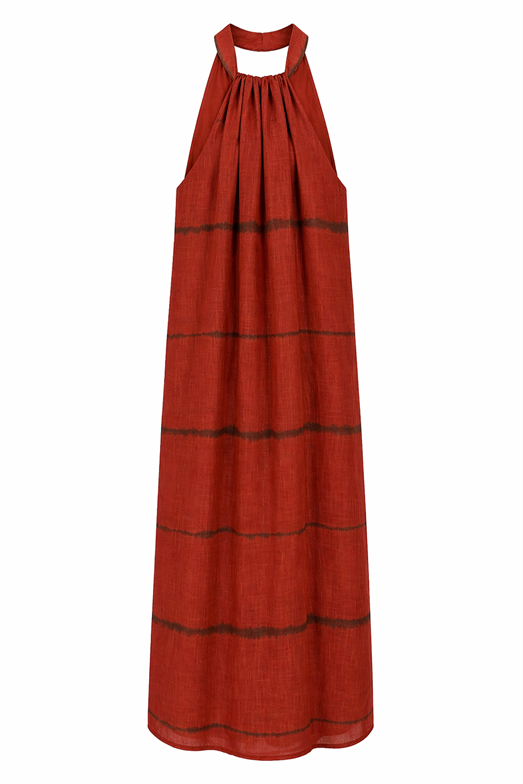 Halter Yaka Desenli Turuncu Elbise