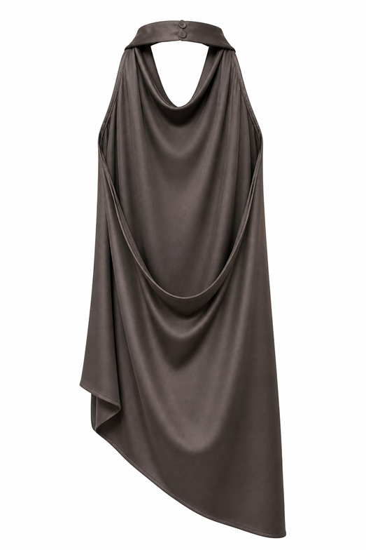 Halter Yaka Drapeli Asimetrik Saten Kahverengi Bluz