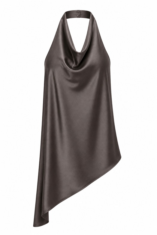 Halter Yaka Drapeli Asimetrik Saten Kahverengi Bluz