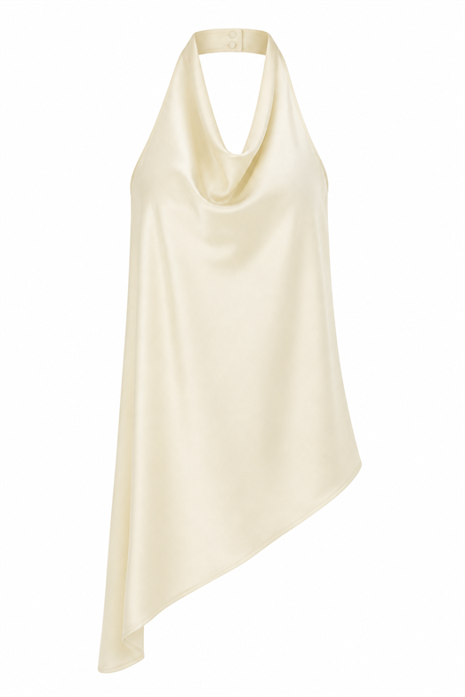 Halter Yaka Drapeli Asimetrik Saten Sarı Bluz