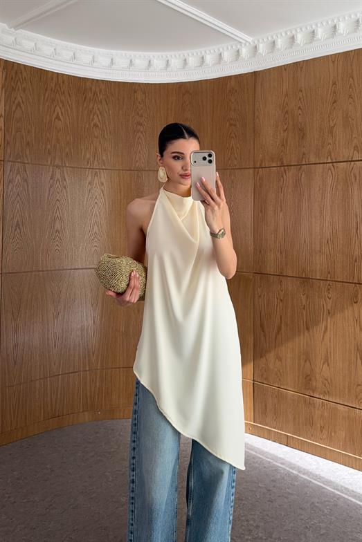 Halter Yaka Drapeli Asimetrik Saten Sarı Bluz