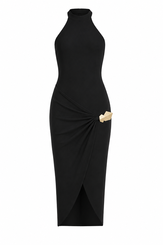 Halter Yaka Drapeli Gold Tokalı Siyah Elbise