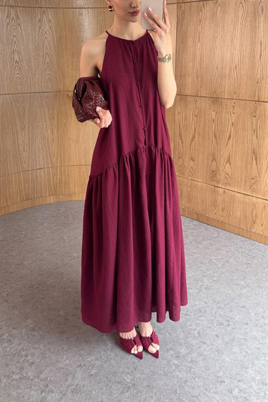Halter Yaka Düğmeli Bordo Elbise
