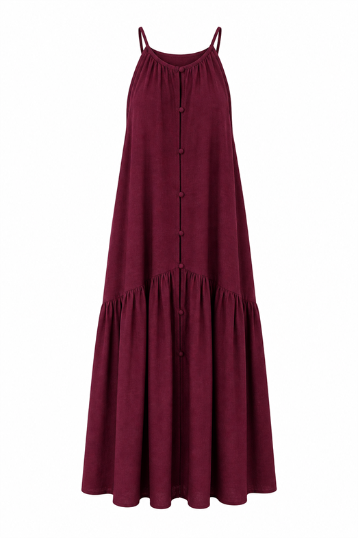 Halter Yaka Düğmeli Bordo Elbise