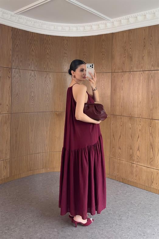 Halter Yaka Düğmeli Bordo Elbise