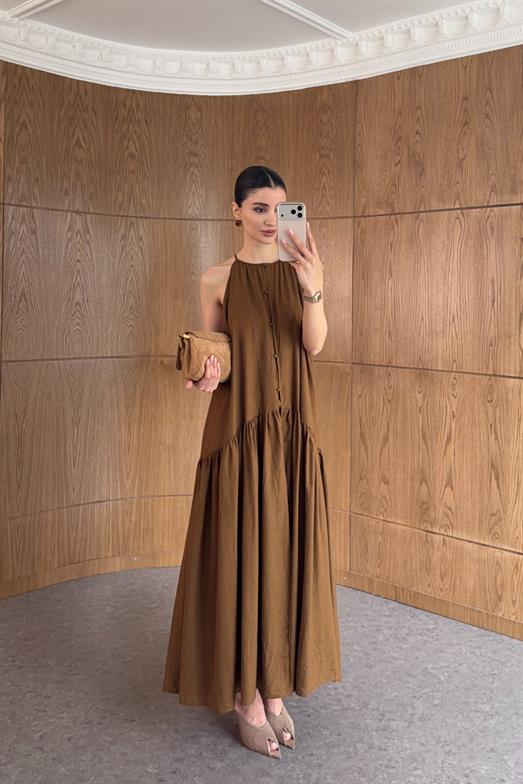 Halter Yaka Düğmeli Kahve Elbise
