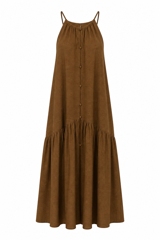 Halter Yaka Düğmeli Kahve Elbise