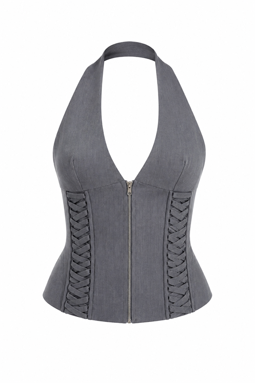 Halter Yaka Gri Korse Bluz
