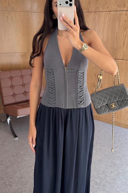 Halter Yaka Gri Korse Bluz