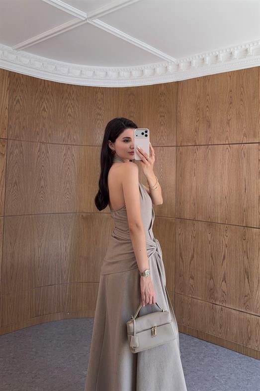 Halter Yaka Şal Detay Taş Elbise