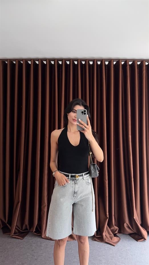 Halter Yaka Siyah Triko Bluz