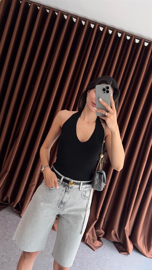 Halter Yaka Siyah Triko Bluz