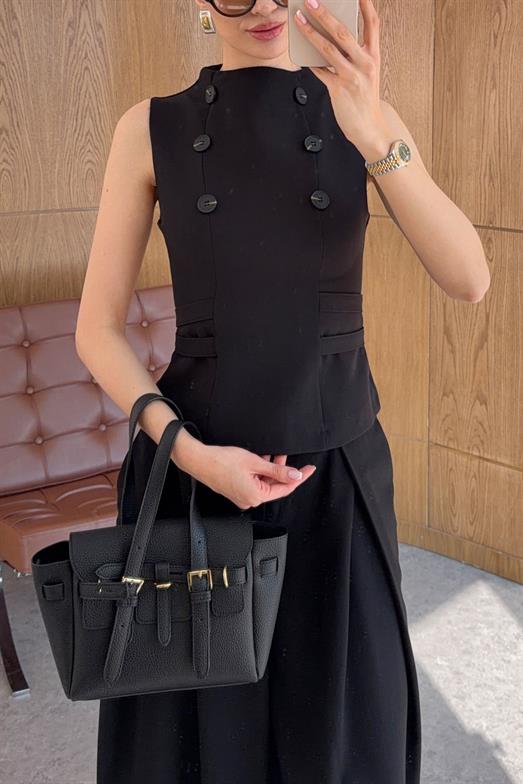 İki Kademeli Bel Bağlamalı Düğmeli Siyah Bluz