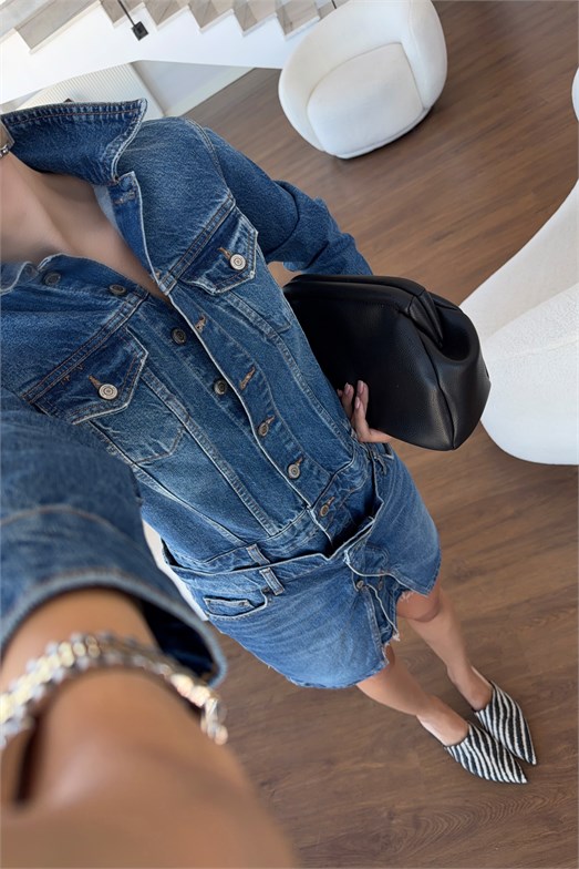 İki Parçalı Tasarım Denim Elbise