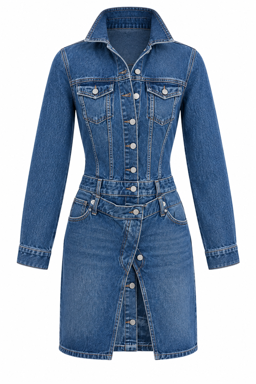 İki Parçalı Tasarım Denim Elbise