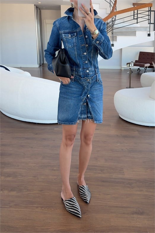 İki Parçalı Tasarım Denim Elbise