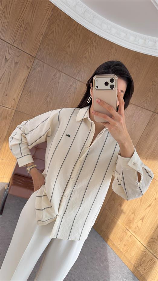 İnce Çizgi Ekru Gömlek