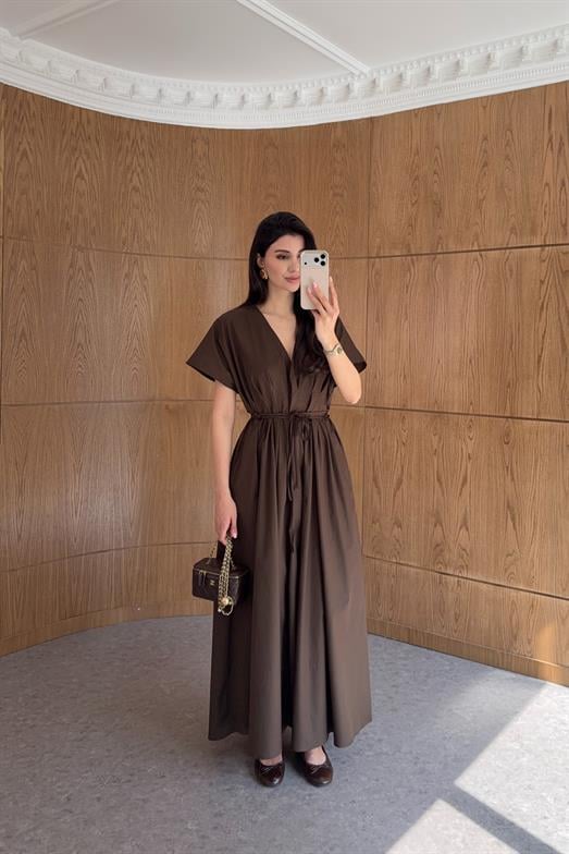 İp Kemerli Kahve Poplin Elbise
