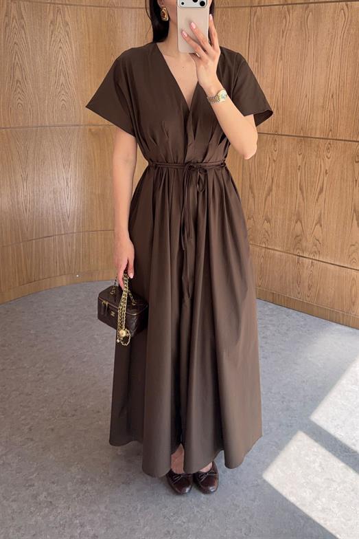 İp Kemerli Kahve Poplin Elbise