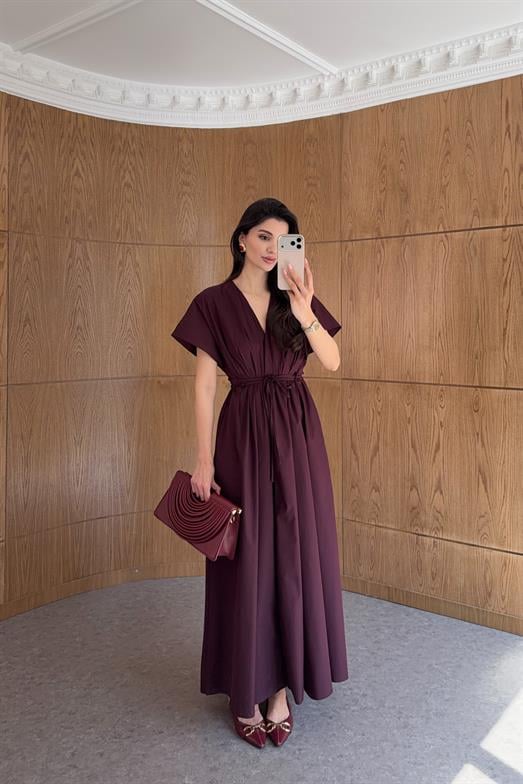 İp Kemerli Mürdüm Poplin Elbise