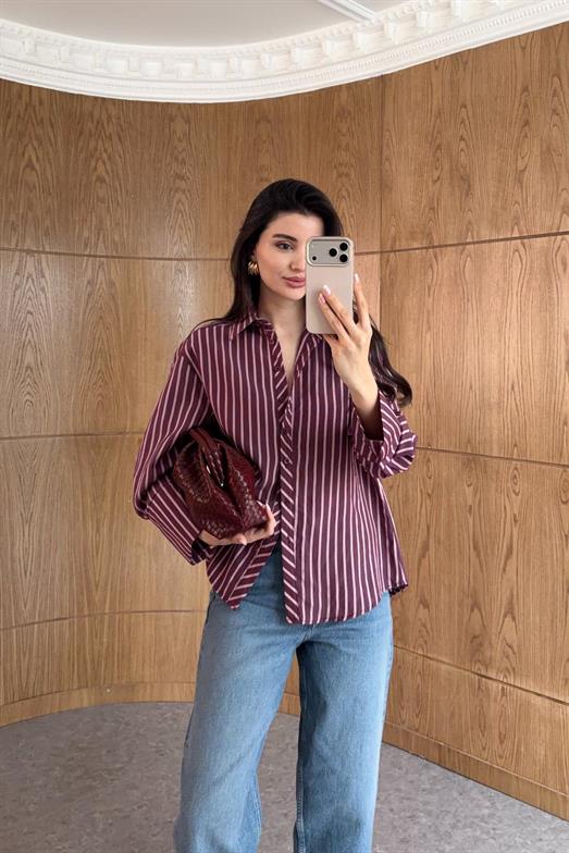 İri Manşetli Çizgili Bordo Gömlek