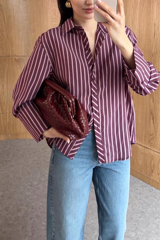 İri Manşetli Çizgili Bordo Gömlek