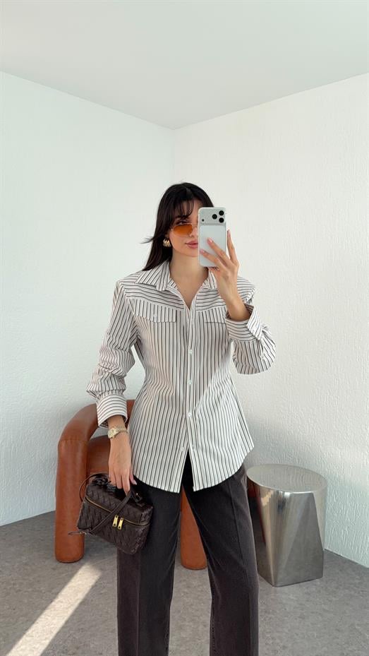 İri Vatkalı Çizgili Gri Gömlek