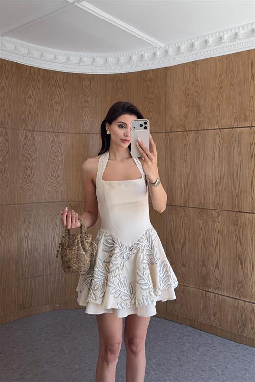 Işıltılı Nakışlı Ekru Mini Elbise