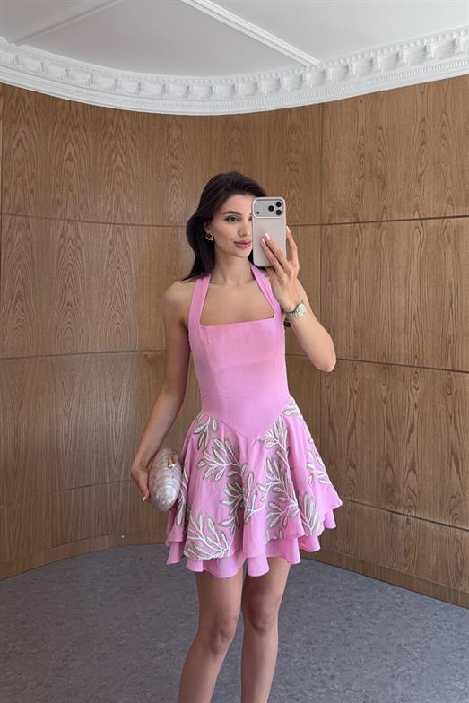 Işıltılı Nakışlı Pembe Mini Elbise