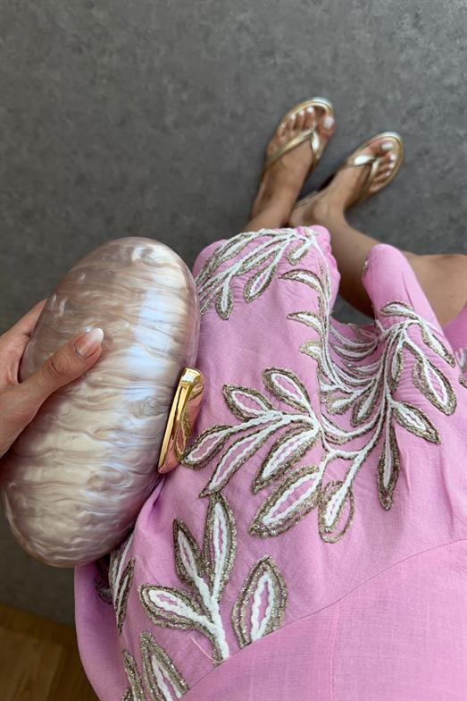 Işıltılı Nakışlı Pembe Mini Elbise