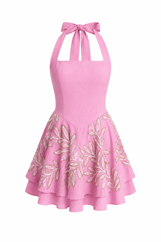 Işıltılı Nakışlı Pembe Mini Elbise