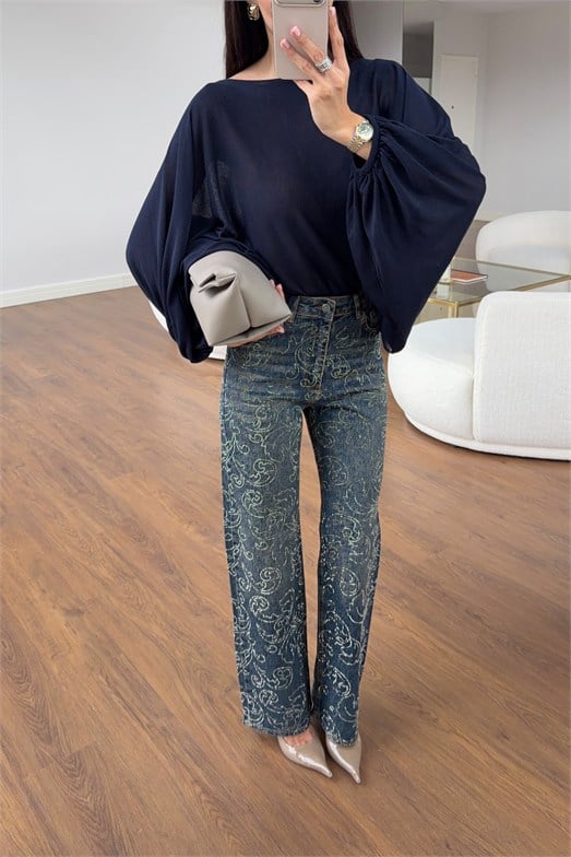 Işıltılı Taşlı Straight Leg Denim Pantolon