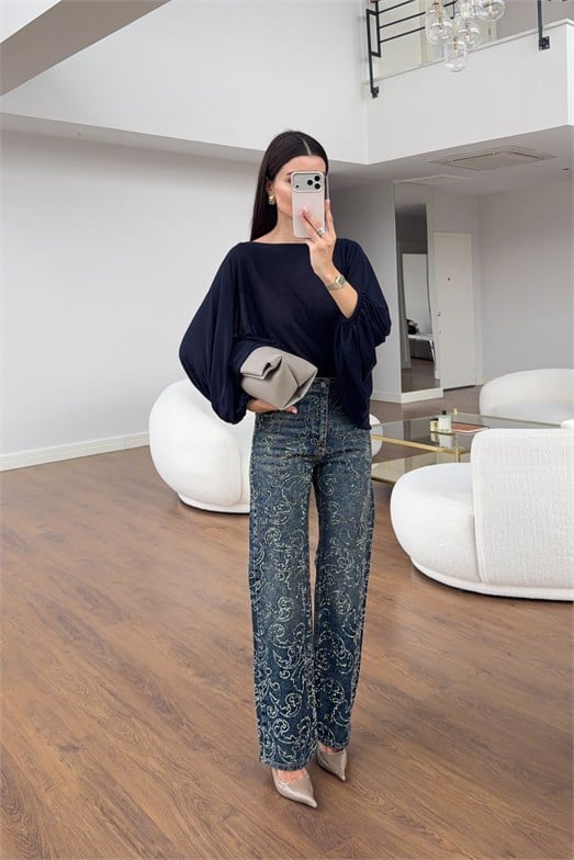 Işıltılı Taşlı Straight Leg Denim Pantolon
