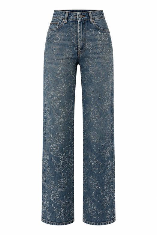 Işıltılı Taşlı Straight Leg Denim Pantolon