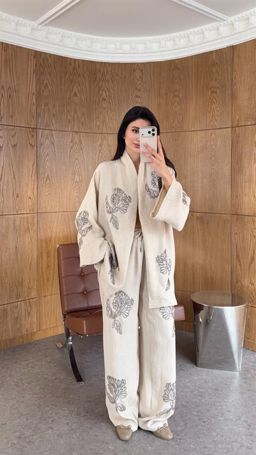 İşlemeli Boncuklu Naturel Premium Takım
