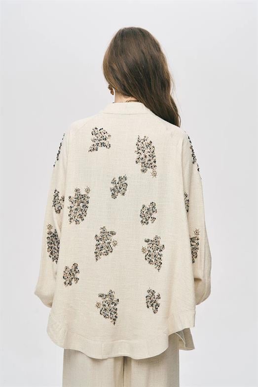 İşlemeli Keten Pamuklu Naturel Takım