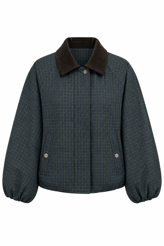 Kadife Yaka Haki Ekose Bomber Mont