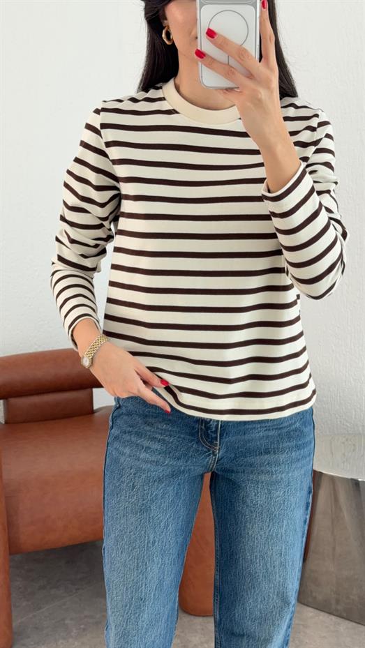 Kahve Çizgili Basic Sweat