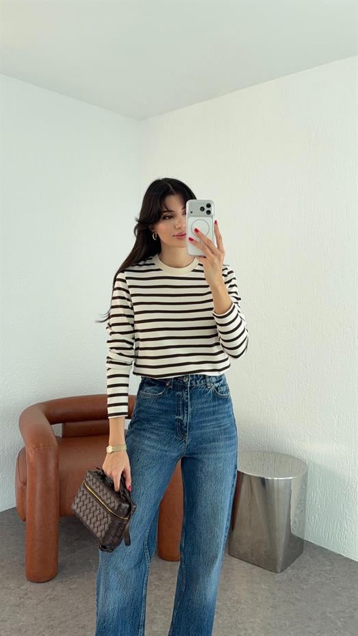 Kahve Çizgili Basic Sweat