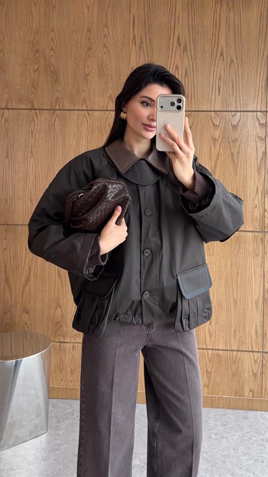 Kahve Deri Yakalı Mumlu Mont