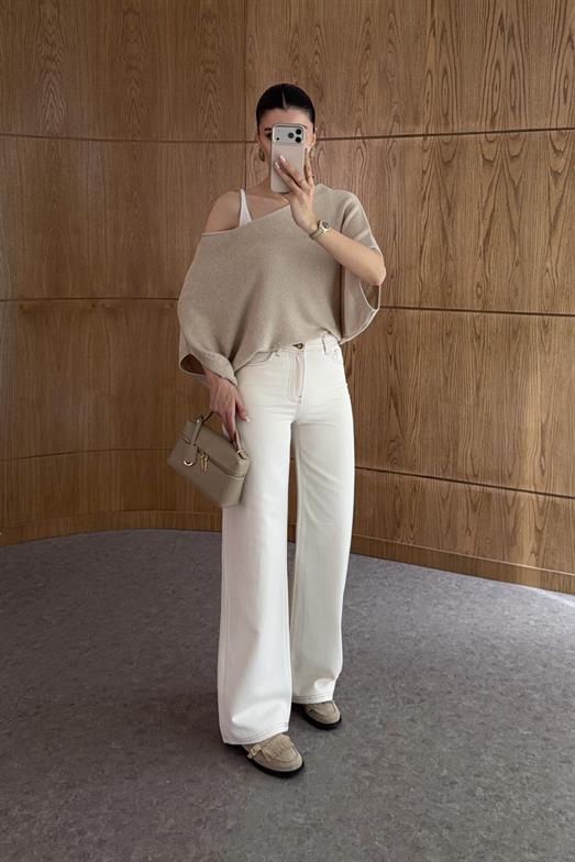 Kahve Dikişli Ekru Wide Leg Jean