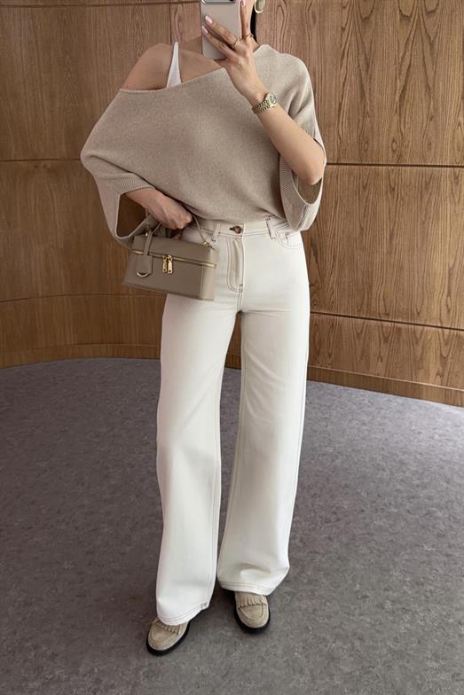 Kahve Dikişli Ekru Wide Leg Jean