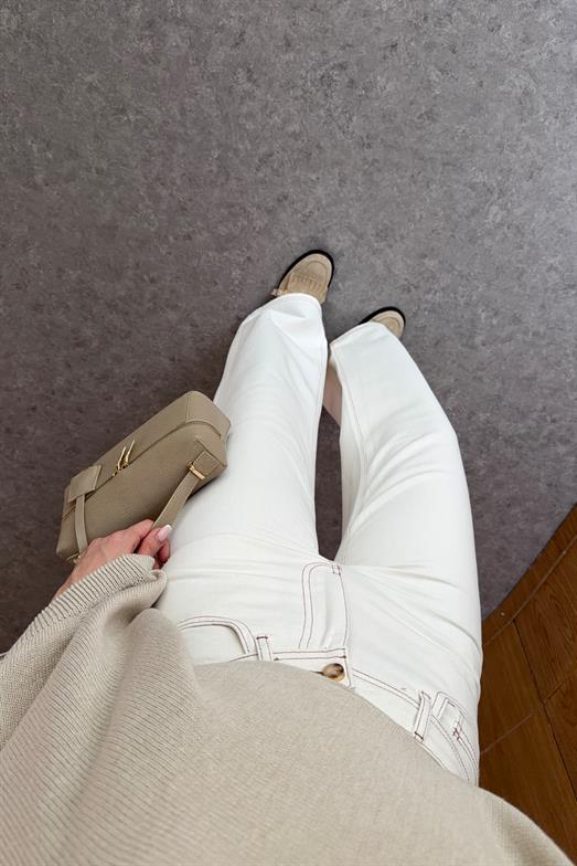 Kahve Dikişli Ekru Wide Leg Jean