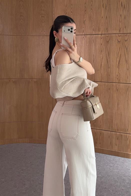 Kahve Dikişli Ekru Wide Leg Jean