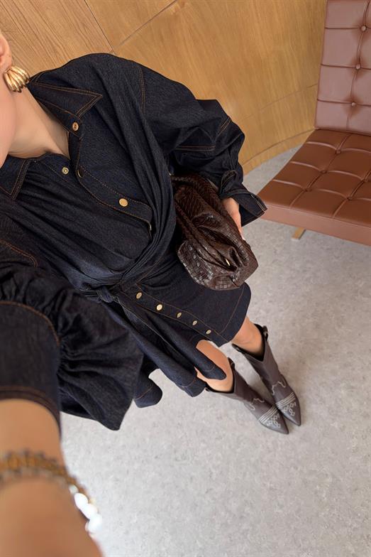 Kahve Dikişli Tasarım Denim Elbise