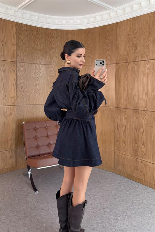 Kahve Dikişli Tasarım Denim Elbise