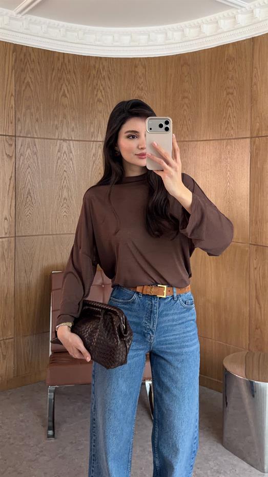 Kahverengi Basic Transparan Bluz
