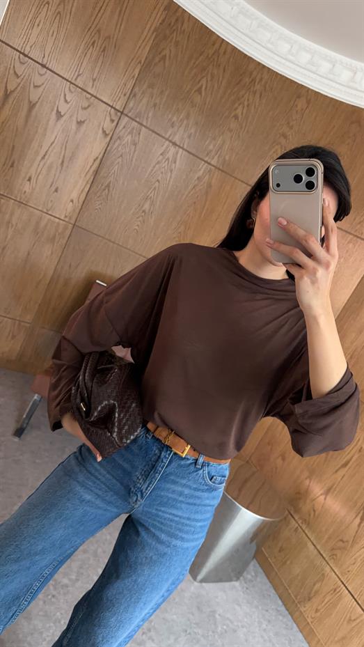 Kahverengi Basic Transparan Bluz